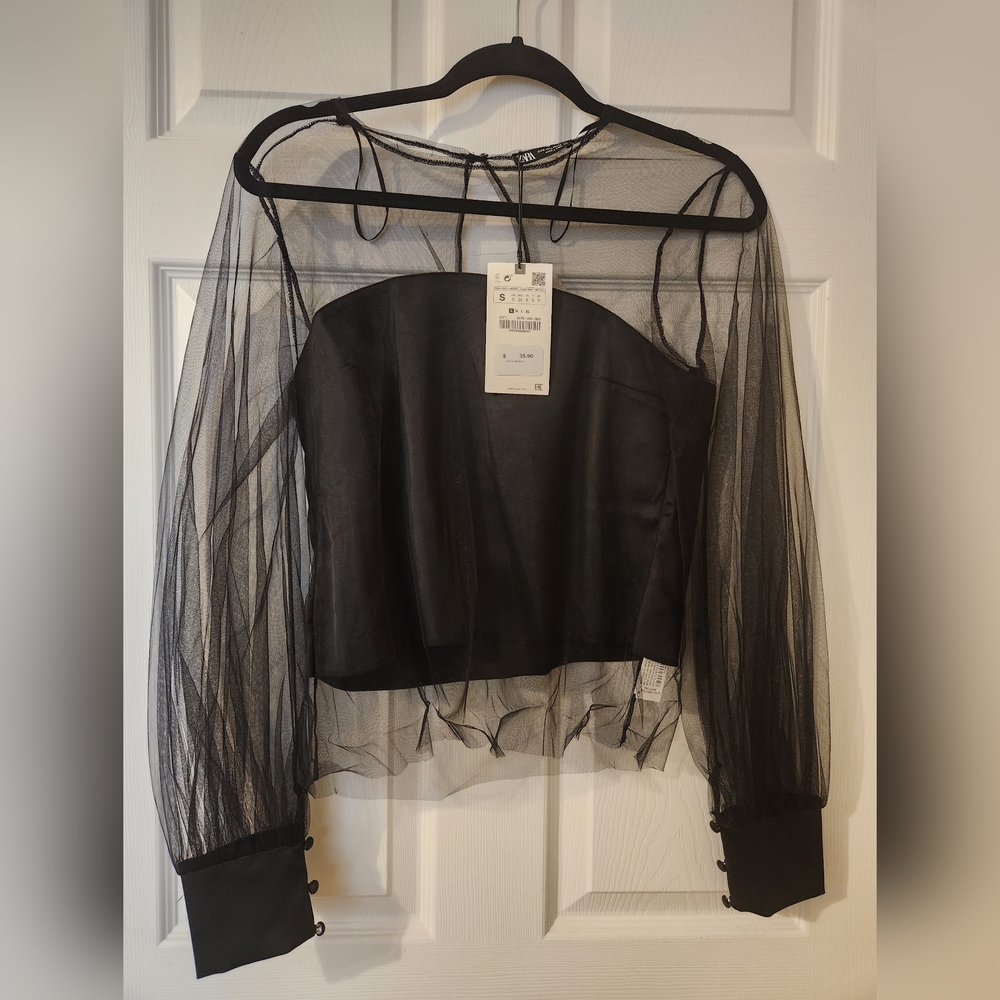 Zara New Never Worn Black Satin and Mesh sheer Long Sleeved Blouse